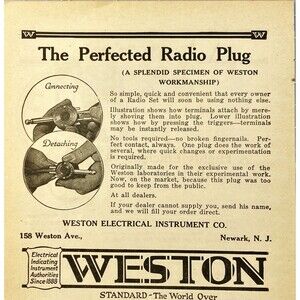 Weston Electrical Instrument Co. "The Perfected Radio Plug"Vintage Print Ad 1923